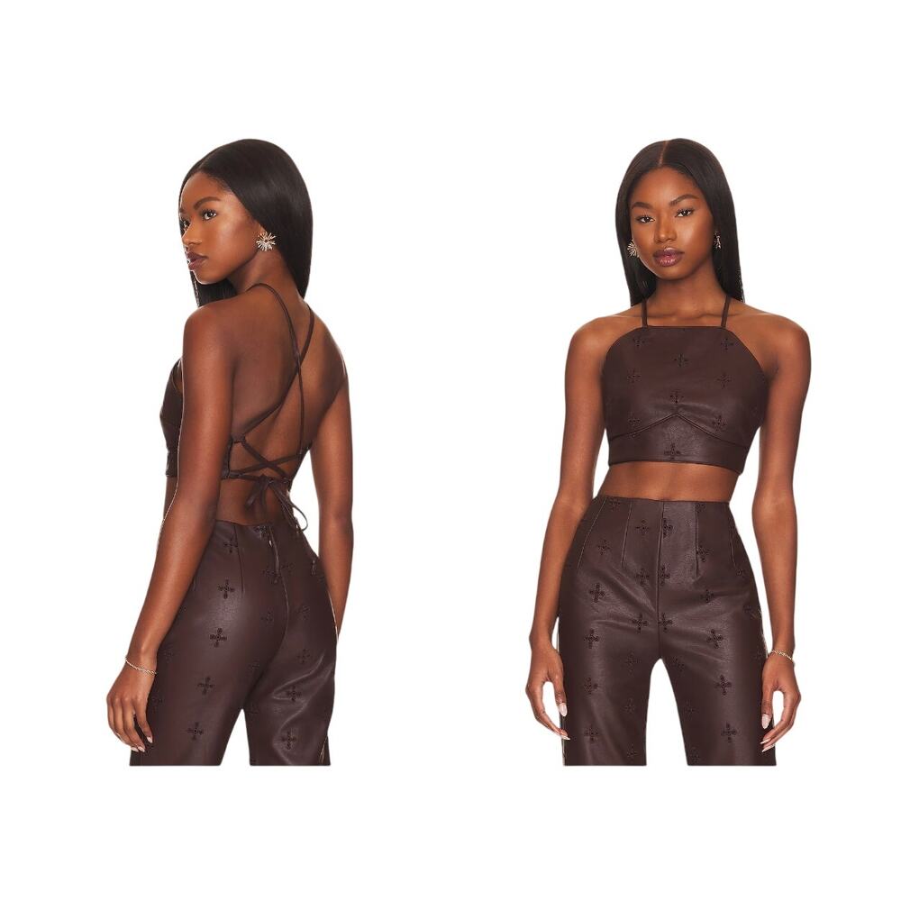 Tularosa Sara Embroidered Faux Revolve Leather Top in Chocolate Brown Size Small